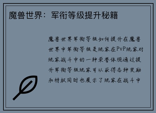魔兽世界：军衔等级提升秘籍